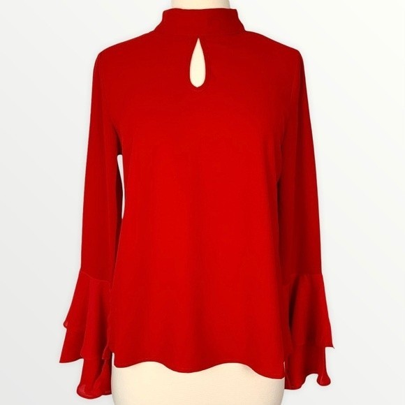 NWT Patrizia Luca Red Ruffle Flare Sleeve Blouse - Picture 2 of 8